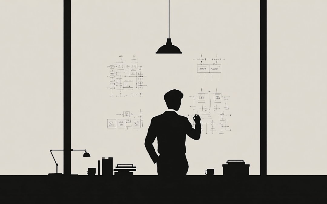 A framework person stands behind frosted glass filled with diagrams, symbolising how Enterprise Architects are often seen through tools instead of outcomes.
